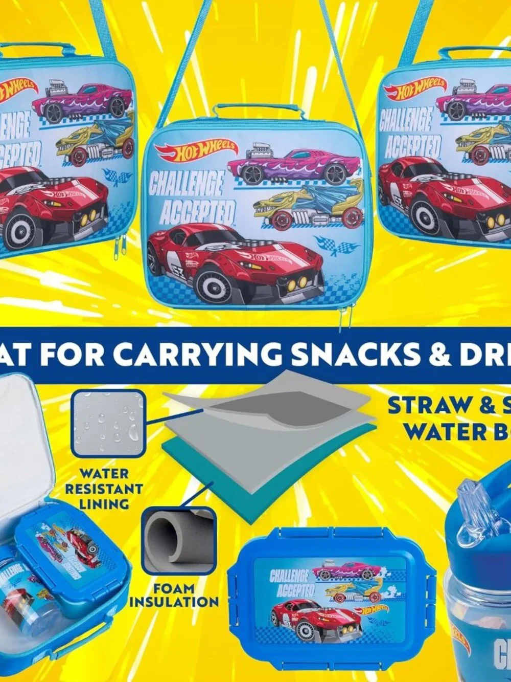 Hot Wheels Kids 3 Pc Lunch Set Insulated Lunch Bag Water Bottle Lunch Box Blue
